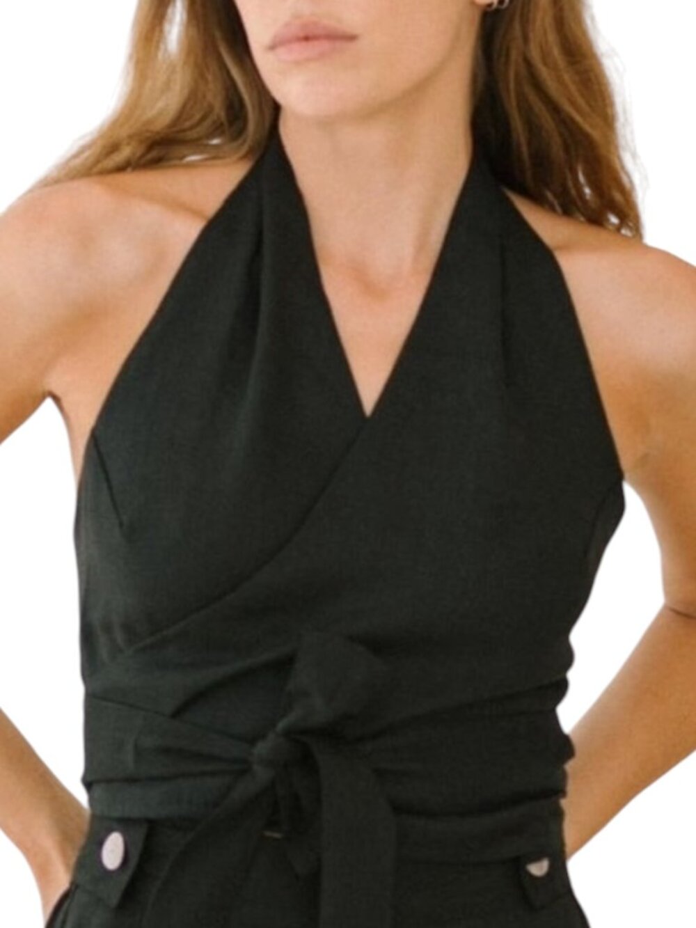 Free The Label Milan Linen Wrap Halter Tie Top Blouse Shirt Black S NWT